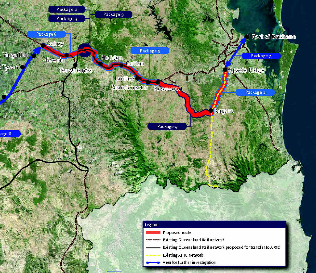 RAIL PROPOSAL: This map details the changes to the route of coal trains travelling east from Queensland coal fields to the Port of Brisbane. RAIL PROPOSAL: This map details the changes to the route of coal trains travelling east from Queensland coal fields to the Port of Brisbane.